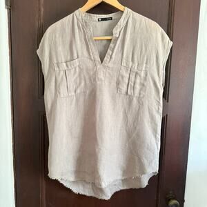 KRISA | Natural Linen Cap Sleeve Split Neck Relaxed Fit Top | Medium